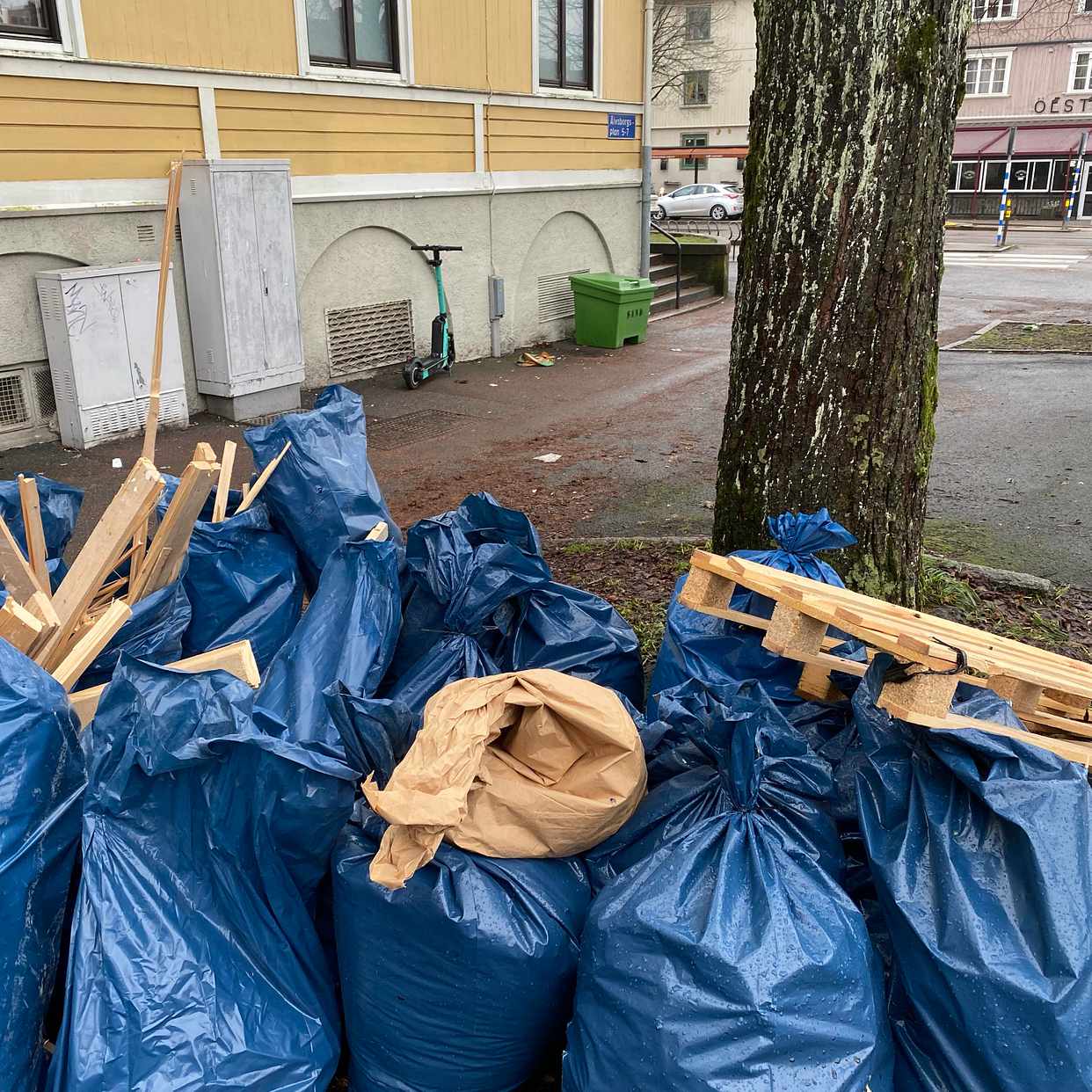 image of Blåa sopsäckar + trä - Göteborg