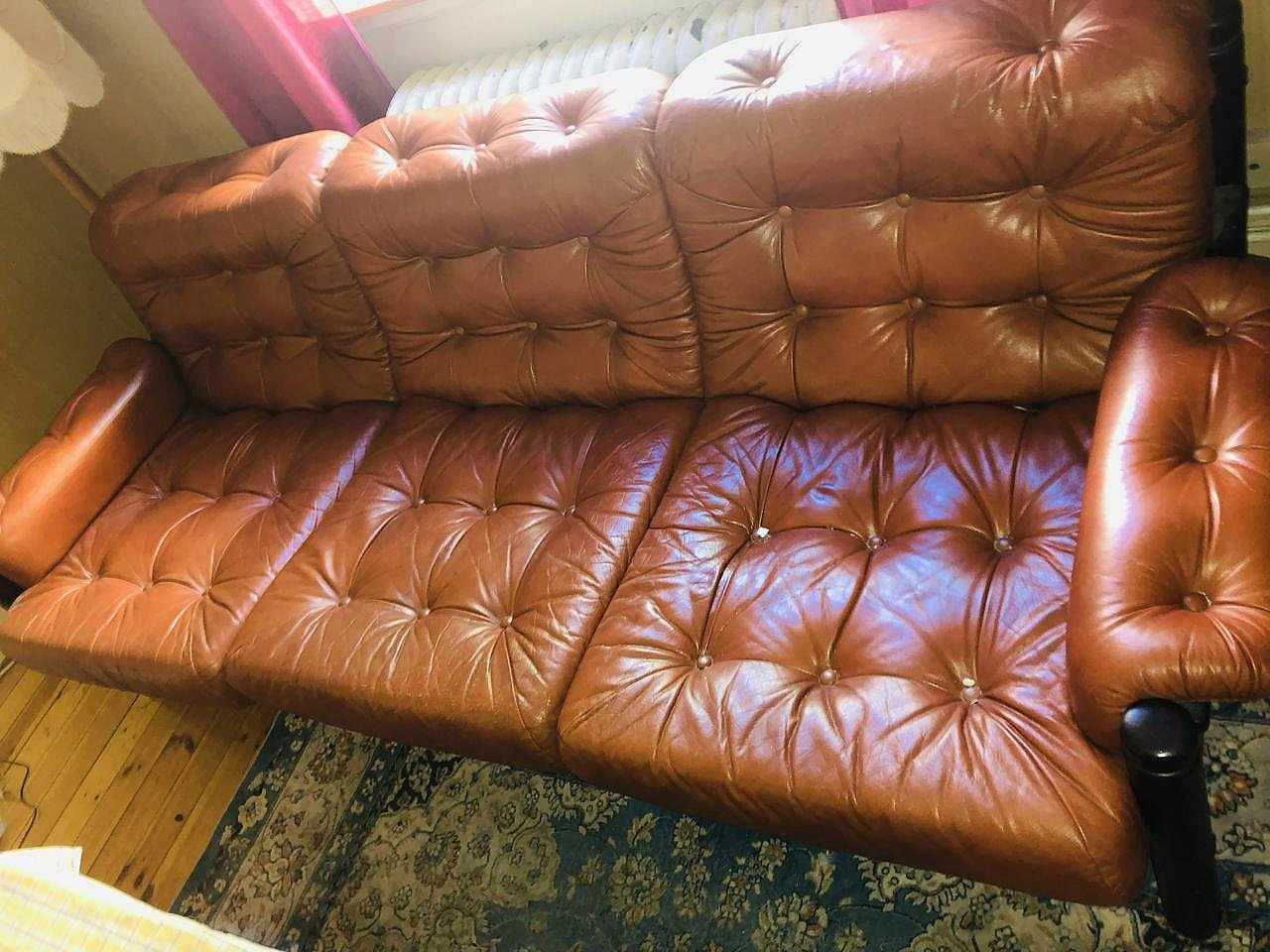 Brun skinnsoffa & fotölj 